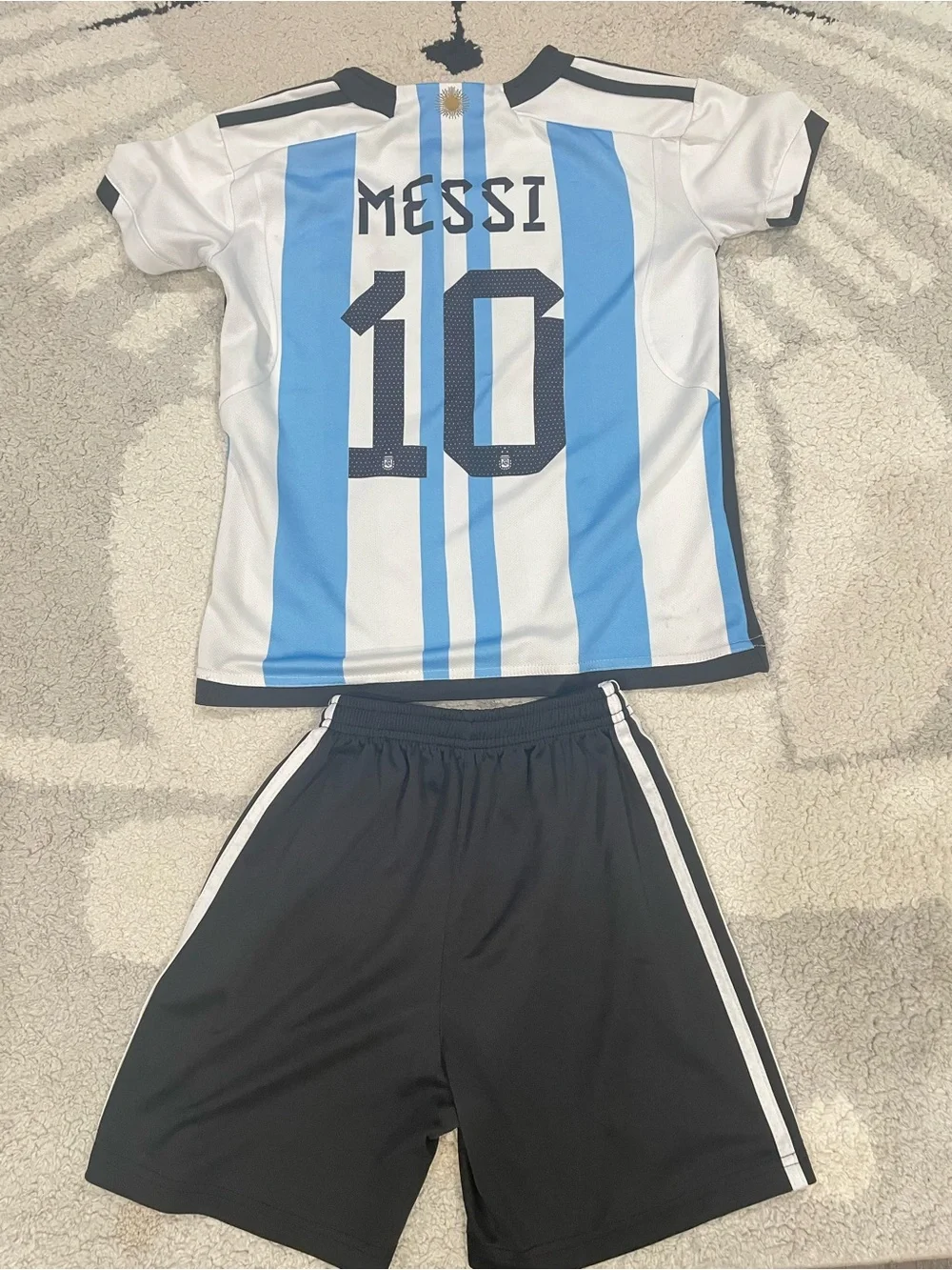 adidas Kids Blue & White Striped Soccer Jersey with Black Shorts